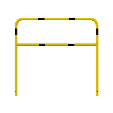 Gele en zwart gestreepte beschermbeugel Ø48 mm, 1500x1400 mm, met tussenbuis voor betonverankering.