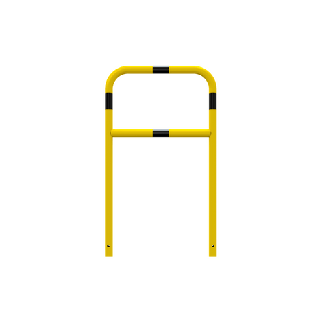 Gele en zwart gestreepte beschermbeugel Ø48 mm, 700x1200 mm, voor betonverankering.