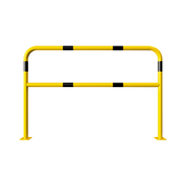 Gele en zwart gestreepte beschermbeugel Ø48 mm, 1500x1000 mm, met tussenbuis en voetplaat.