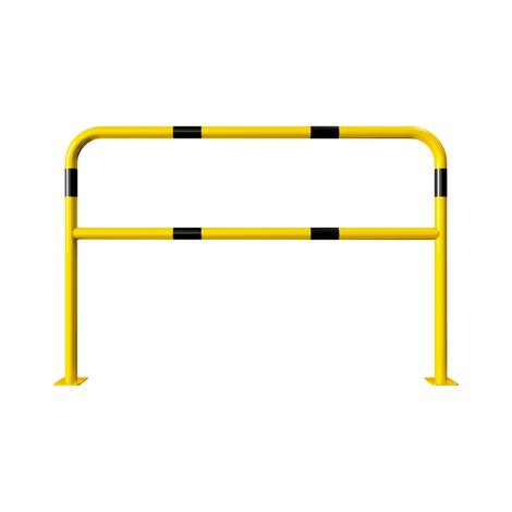 Gele en zwart gestreepte beschermbeugel Ø48 mm, 1500x1000 mm, met tussenbuis en voetplaat.