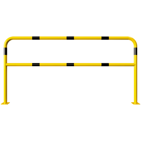 Gele en zwart gestreepte beschermbeugel Ø48 mm, 2000x1000 mm, met tussenbuis en voetplaten.
