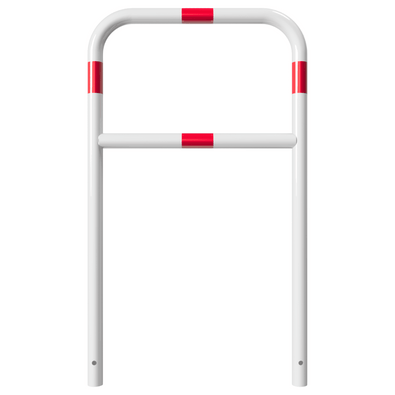 Witte beschermbeugel Ø48 mm met rode reflecterende strepen en tussenbuis, voor betonverankering.