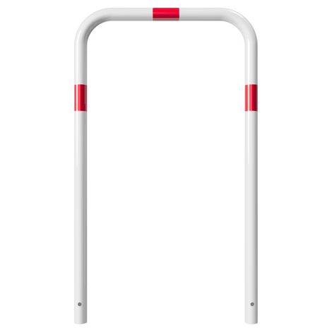 Witte beschermbeugel Ø48 mm met rode reflecterende banden, voor verankering in beton.
