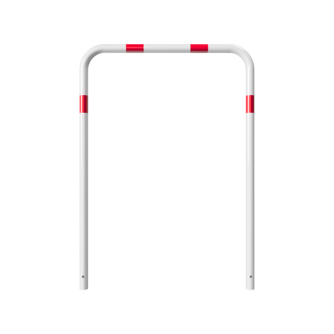 Witte beschermbeugel Ø48 mm met rood-witte markering, 1000x1400 mm, voor betonverankering.