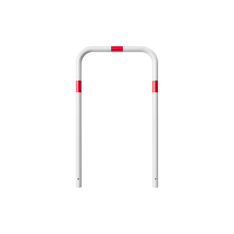 Witte beschermbeugel Ø48 mm, 700x1200 mm, met rode reflecterende strepen voor betonverankering.