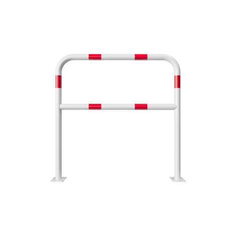 Witte stalen beschermbeugel Ø48 mm, wit-rood gestreept, met tussenbuis en voetplaten, 1000x1000 mm.
