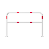 Witte stalen beschermbeugel Ø48 mm met rood-witte reflecterende banden, tussenbuis en voetplaten, 1500x1000 mm.