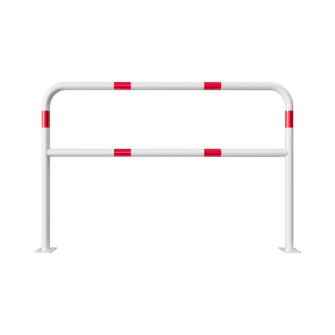 Witte stalen beschermbeugel Ø48 mm met rood-witte reflecterende banden, tussenbuis en voetplaten, 1500x1000 mm.