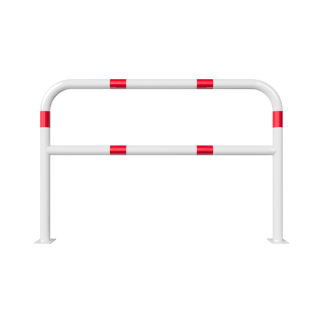 Witte beschermbeugel Ø60 mm met rood-witte reflecterende strepen, op voetplaat, met tussenbuis, 1500x1000 mm.
