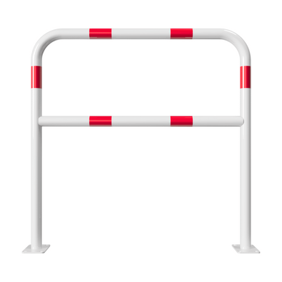 Witte beschermbeugel Ø48 mm met rood-witte markering, op voetplaat en met tussenbuis.