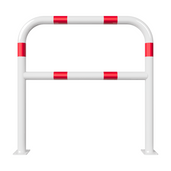 Witte beschermbeugel Ø60 mm met rood-witte reflecterende strepen, op voetplaat, met tussenbuis.