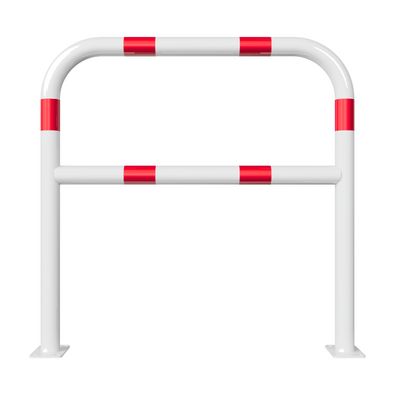 Witte beschermbeugel Ø60 mm met rood-witte reflecterende strepen, op voetplaat, met tussenbuis.