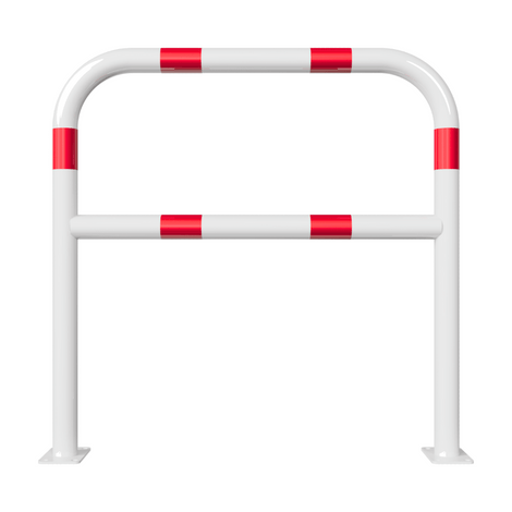 Witte beschermbeugel Ø60 mm met rood-witte reflecterende strepen, op voetplaat, met tussenbuis.