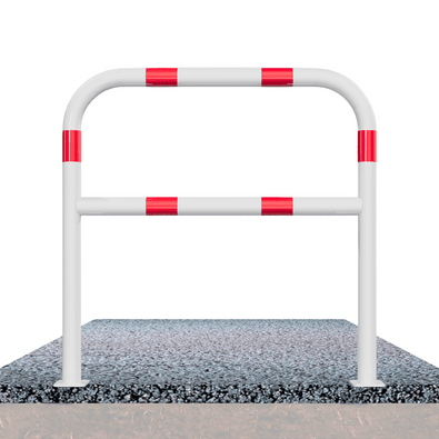 Witte beschermbeugel Ø60 mm met rood-witte reflecterende banden, op voetplaat en met tussenbuis.