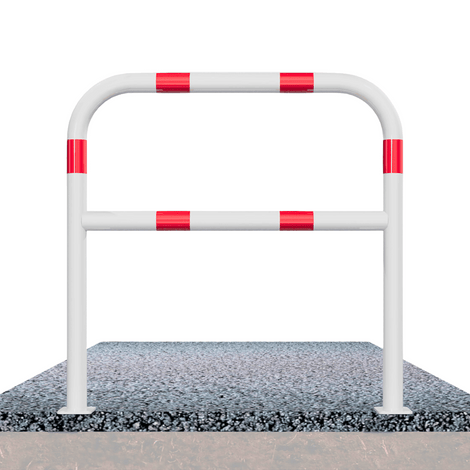 Witte beschermbeugel Ø60 mm met rood-witte reflecterende banden, op voetplaat en met tussenbuis.