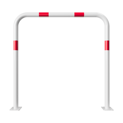 Witte beschermbeugel Ø48 mm met rood-witte markering, op voetplaat, zonder tussenbuis.