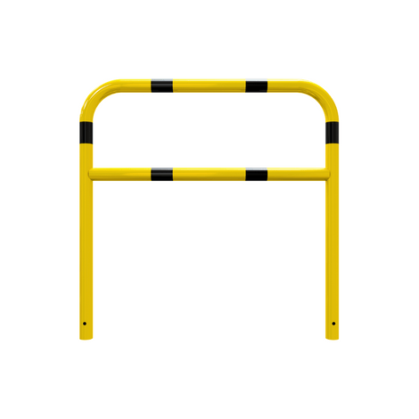 Gele en zwart gestreepte beschermbeugel Ø60 mm, 1200x1200 mm, voor betonverankering.