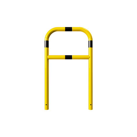Gele en zwart gestreepte stalen beschermbeugel Ø60 mm, 700x1200 mm, met tussenbuis voor betonverankering.
