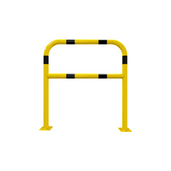 Gele en zwart gestreepte beschermbeugel Ø60 mm, 1000x1000 mm, met tussenbuis en voetplaat.