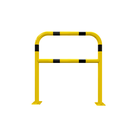 Gele en zwart gestreepte beschermbeugel Ø60 mm, 1000x1000 mm, met tussenbuis en voetplaat.
