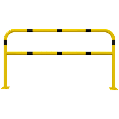 Gele en zwart gestreepte beschermbeugel Ø60 mm, 2000x1000 mm, met tussenbuis en voetplaat.