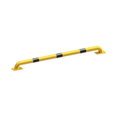 Gele en zwarte stootbeschermer Ø60 mm, 1500 mm lang, met voetplaten voor vloermontage.