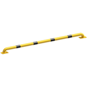 Gele stootbeschermer Ø60 mm met zwarte strepen, 2000 mm lang, op voetplaat.