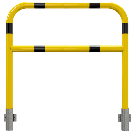 Gele en zwart gestreepte veiligheidsrailing Ø60 mm, 1200x1200 mm, afneembaar, voor muurbevestiging.