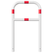 Witte beschermbeugel Ø60 mm met rode reflecterende strepen en tussenbuis, voor betonverankering.