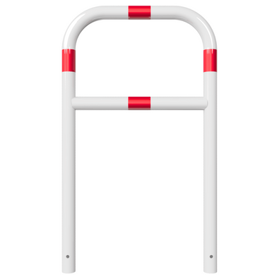 Witte beschermbeugel Ø60 mm met rode reflecterende strepen en tussenbuis, voor betonverankering.