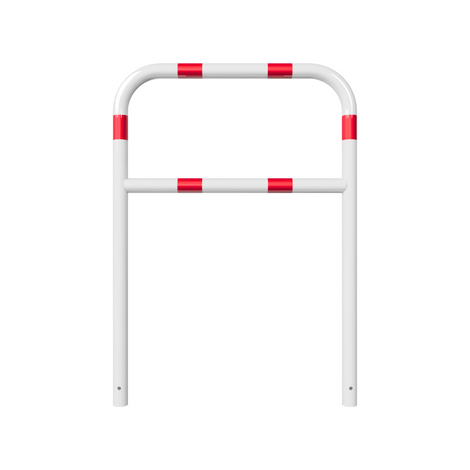 Wit-rode beschermbeugel Ø60 mm, 1000 x 1400 mm, met tussenbuis voor betonverankering.