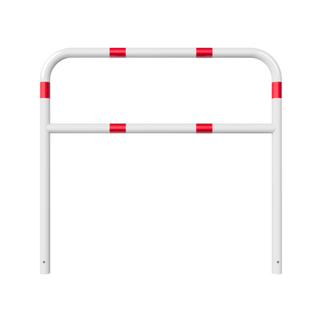 Witte beschermbeugel Ø60 mm met rood-witte reflecterende banden, 1500x1400 mm, voor betonverankering.
