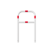 Witte beschermbeugel Ø60 mm met rood-witte markeringen en tussenbuis, 700x1200 mm, voor betonverankering.