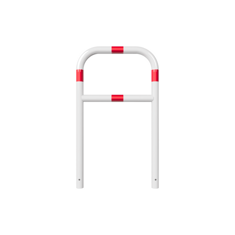 Witte beschermbeugel Ø60 mm met rood-witte markeringen en tussenbuis, 700x1200 mm, voor betonverankering.