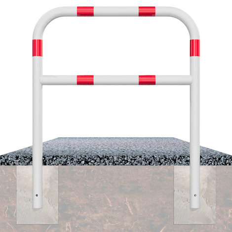 Witte beschermbeugel Ø60 mm met rood-witte reflecterende strepen, verankerd in beton.