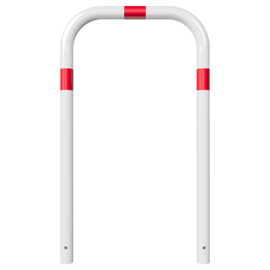 Witte beschermbeugel Ø60 mm met rode reflecterende banden, voor betonverankering.