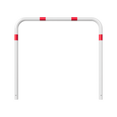 Witte beschermbeugel Ø60 mm met rood-witte markeringen, 1500x1400 mm, voor betonverankering.