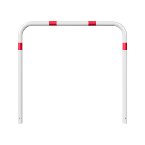 Witte beschermbeugel Ø60 mm met rood-witte markeringen, 1500x1400 mm, voor betonverankering.