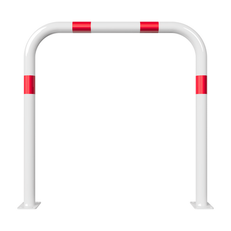Witte beschermbeugel Ø60 mm met rood-witte reflecterende strepen, op voetplaat, zonder tussenbuis.