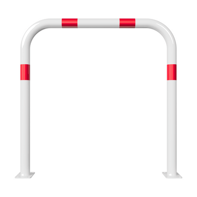 Witte beschermbeugel Ø60 mm met rood-witte reflecterende strepen, op voetplaat, zonder tussenbuis.
