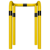 Gele kolombeschermer Ø76 mm met zwarte strepen, 2x 90° hoek, voor betonverankering.