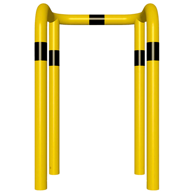 Gele kolombeschermer Ø76 mm met zwarte strepen, 2x 90° hoek, voor betonverankering.