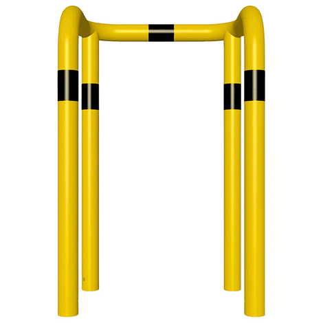 Gele kolombeschermer Ø76 mm met zwarte strepen, 2x 90° hoek, voor betonverankering.