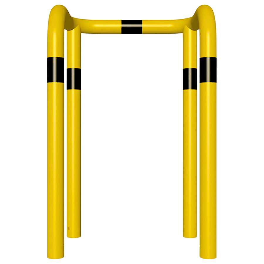 Kolombeschermer Ø76 mm | 2x hoek 90° | Geel-zwart | Voor verankering in beton