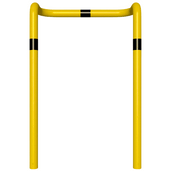 Gele kolombeschermer Ø76 mm met zwarte strepen, 2x 90° hoek, 1000x1500 mm, voor betonverankering.