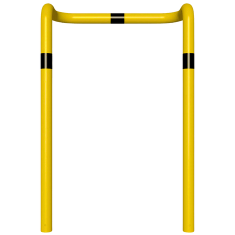 Gele kolombeschermer Ø76 mm met zwarte strepen, 2x 90° hoek, 1000x1500 mm, voor betonverankering.