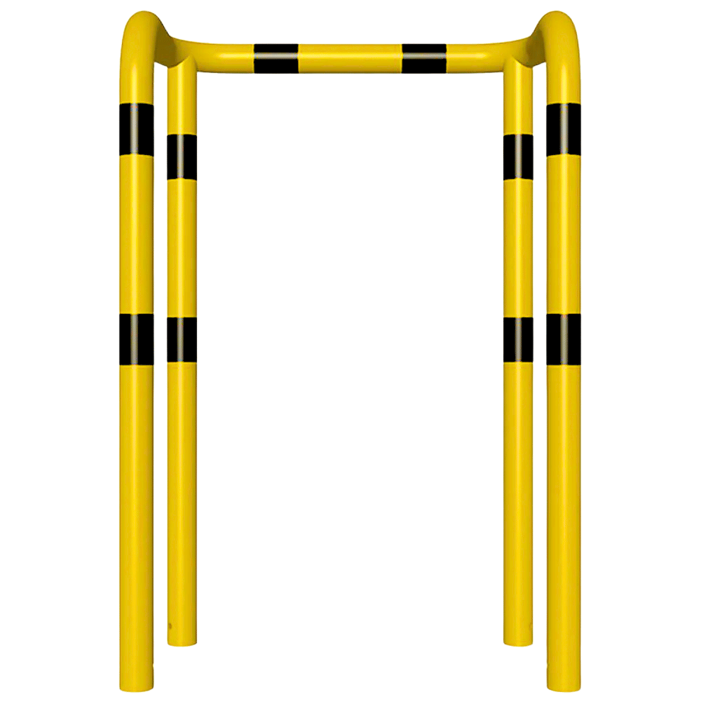 Kolombeschermer Ø76 mm | 2x hoek 90° | Geel-zwart | Voor verankering in beton