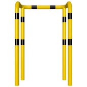 Gele en zwart gestreepte kolomberschermer, Ø76 mm, met 2x 90° hoeken, voor betonverankering.