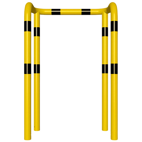 Gele en zwart gestreepte kolomberschermer, Ø76 mm, met 2x 90° hoeken, voor betonverankering.