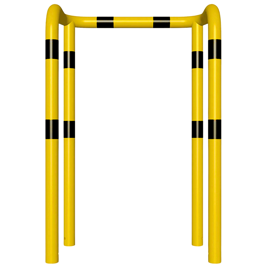 Kolombeschermer Ø76 mm | 2x hoek 90° | Geel-zwart | Voor verankering in beton